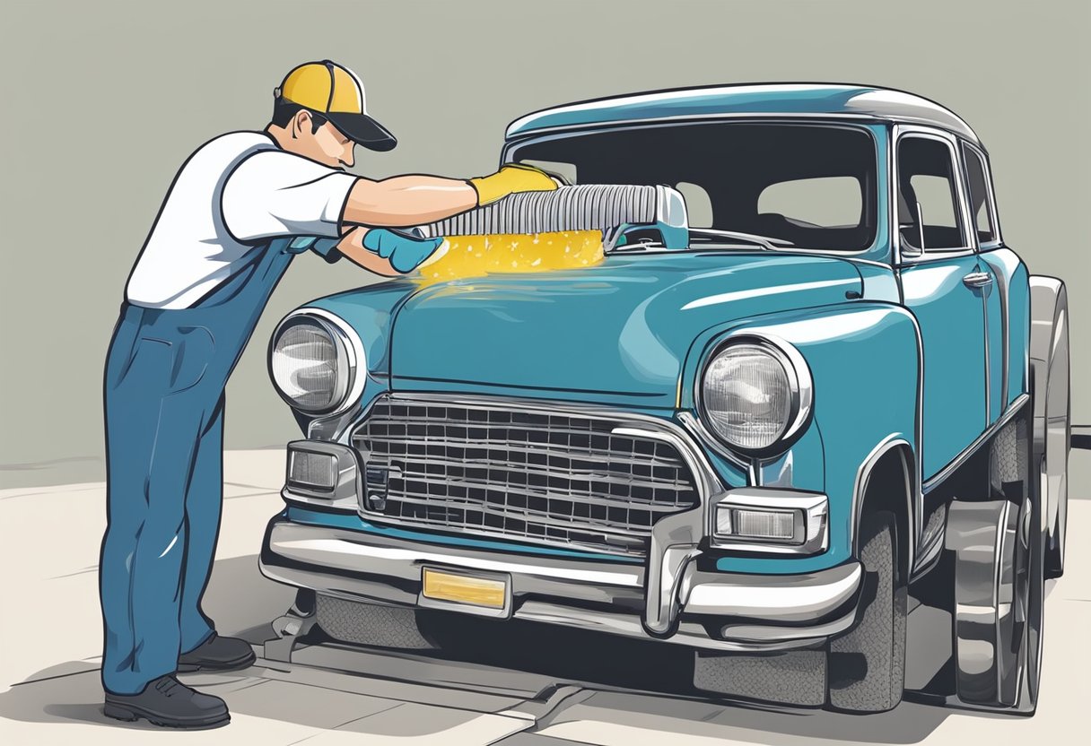 A mechanic pouring fresh coolant into a car's radiator, with the old coolant draining out from the bottom