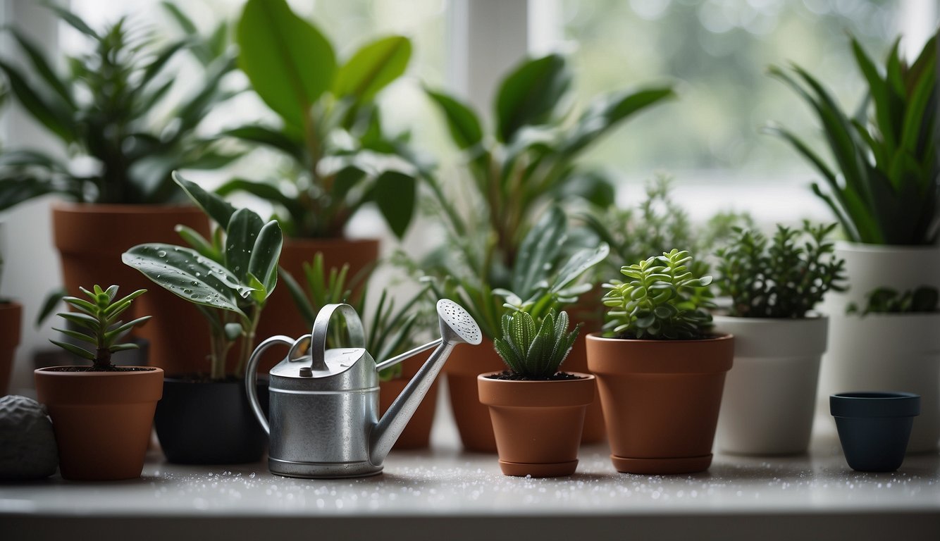 Houseplants surrounded by a sprinkle of Epsom salt, with a watering can nearby