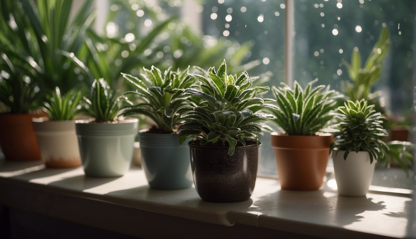 Lush houseplants surrounded by containers of epsom salt, with a small spoon sprinkling the salt around the base of the plants
