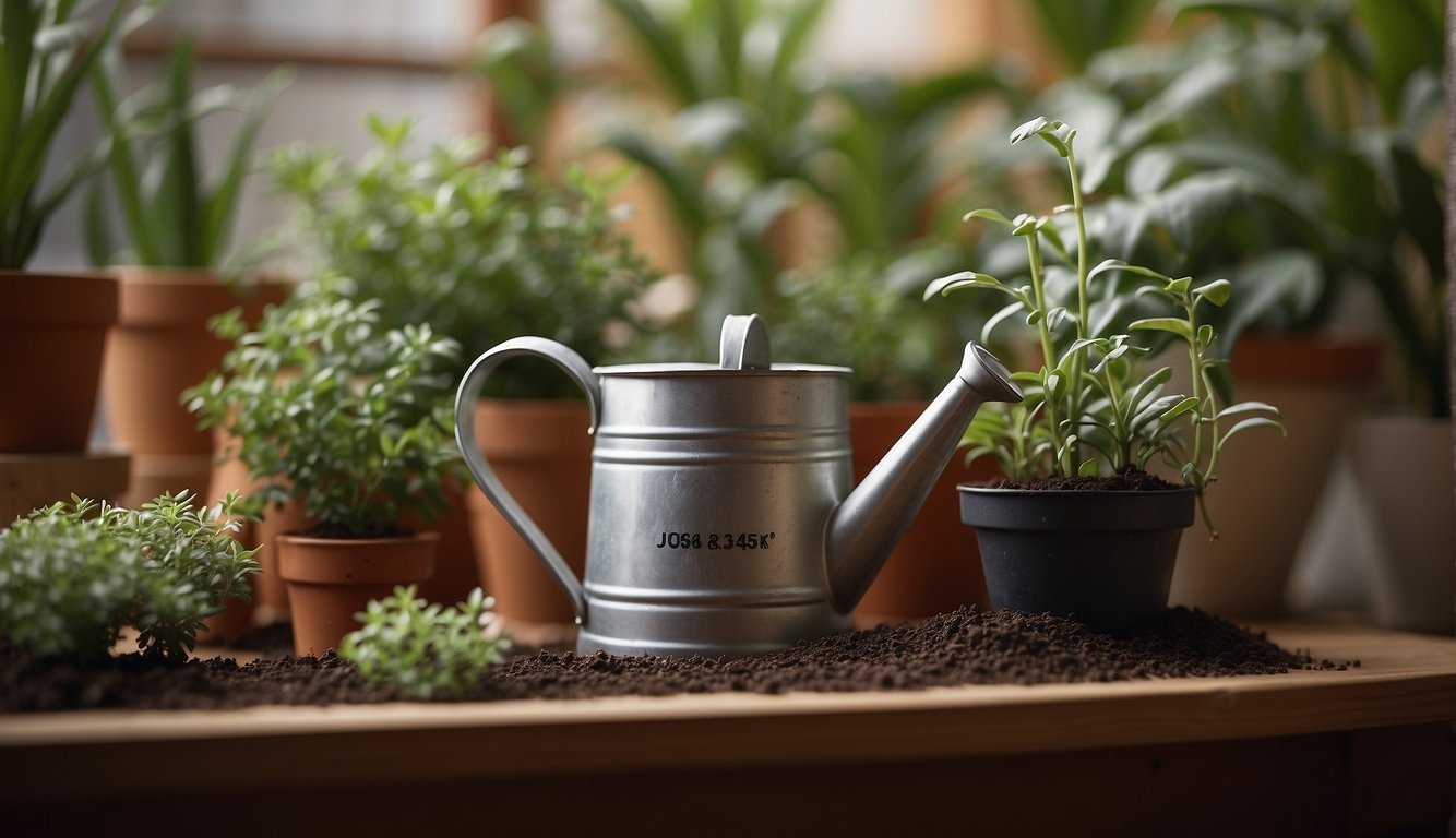 A hand sprinkles epsom salt onto soil in a potted plant. A watering can sits nearby. A label with instructions for use is visible