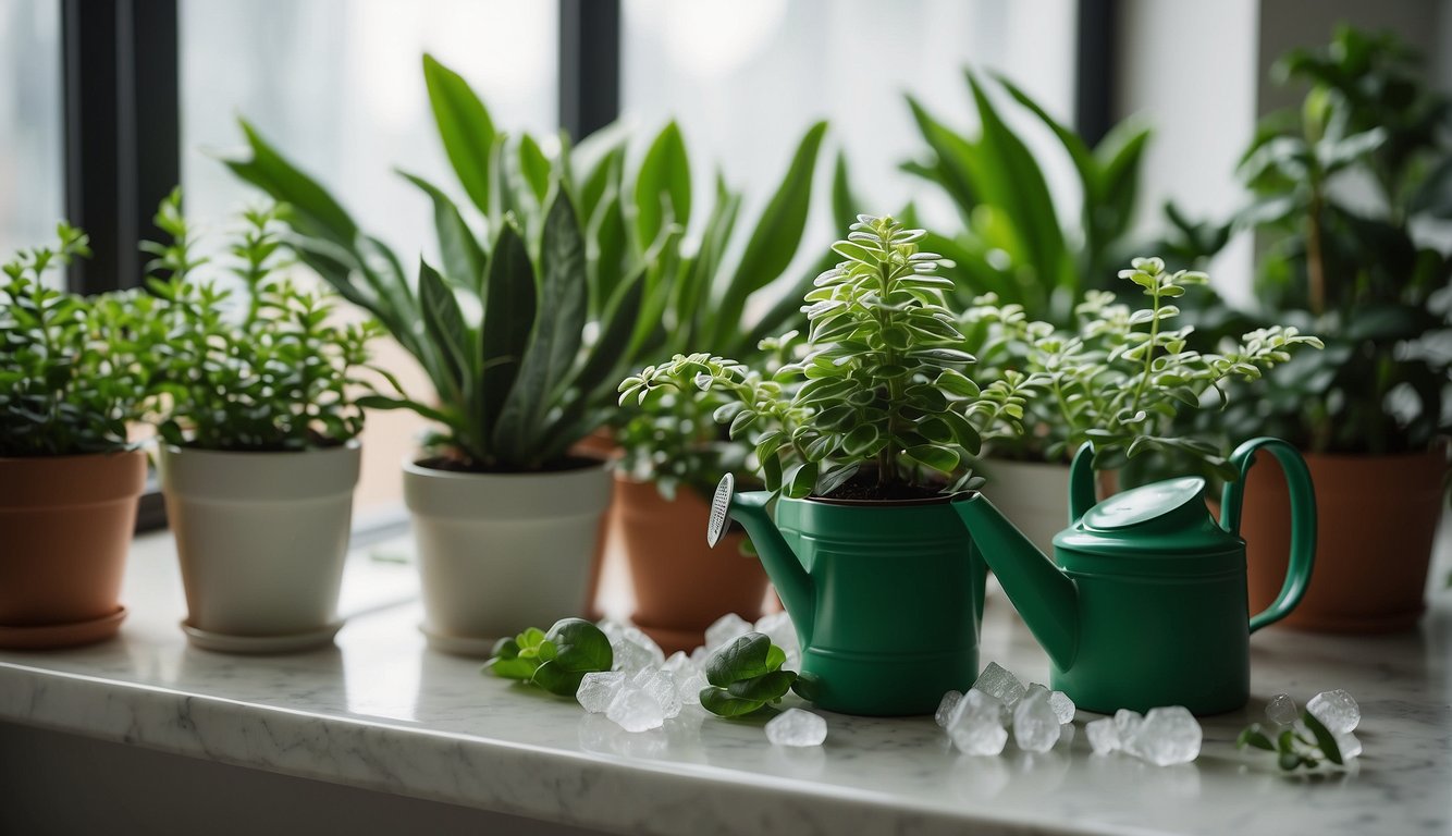 Lush green houseplants surrounded by scattered Epsom salt crystals, a watering can nearby