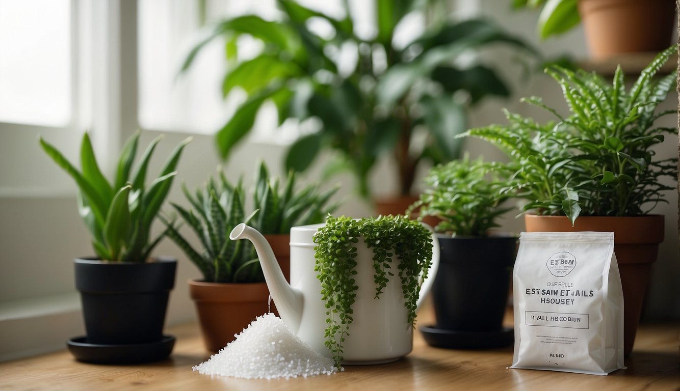 A bag of epsom salt sits next to a row of thriving houseplants, with a watering can nearby. A small instruction booklet is open, showing the title "Frequently Asked Questions epsom salt for houseplants"