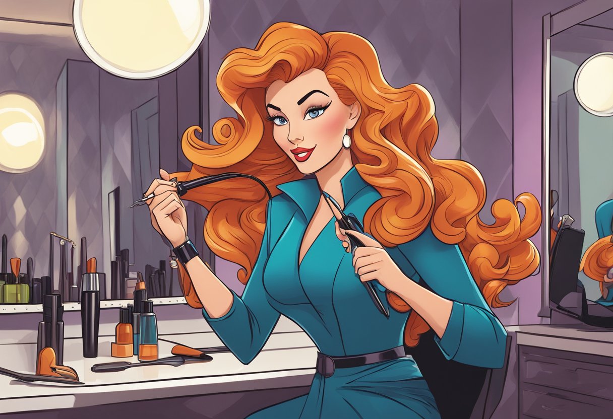 A hairstylist using a curling iron to create Jessica Rabbit's signature voluminous curls. A mirror reflects the stylist's focused expression as they work