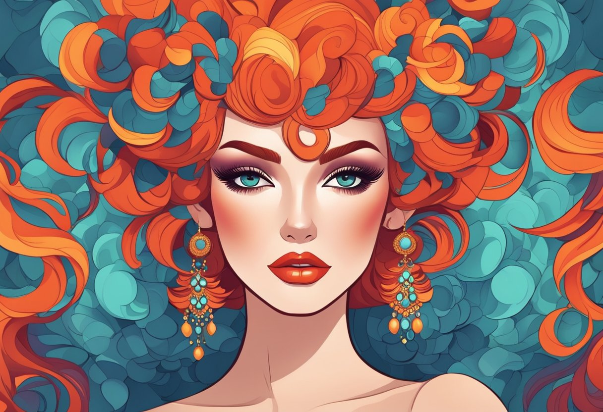 A vibrant red hair with dramatic curls and a bold makeup look, emphasizing the eyes and lips