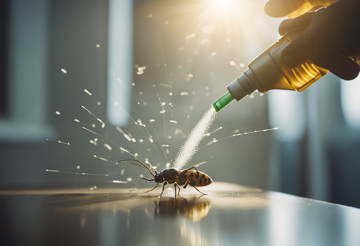 A person sprays insecticide on a cluster of bugs in a home