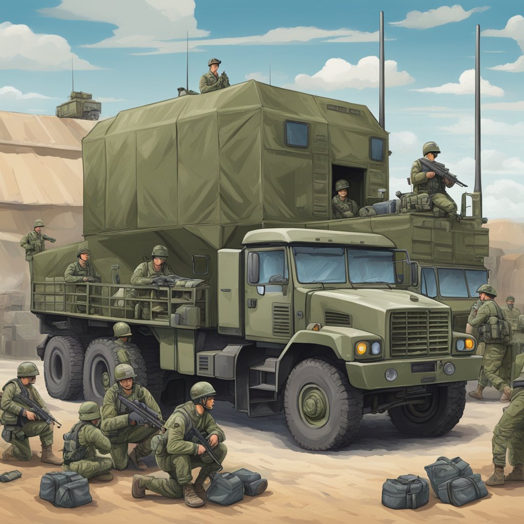 A D.O.D. truck parked at a military base, surrounded by soldiers and equipment