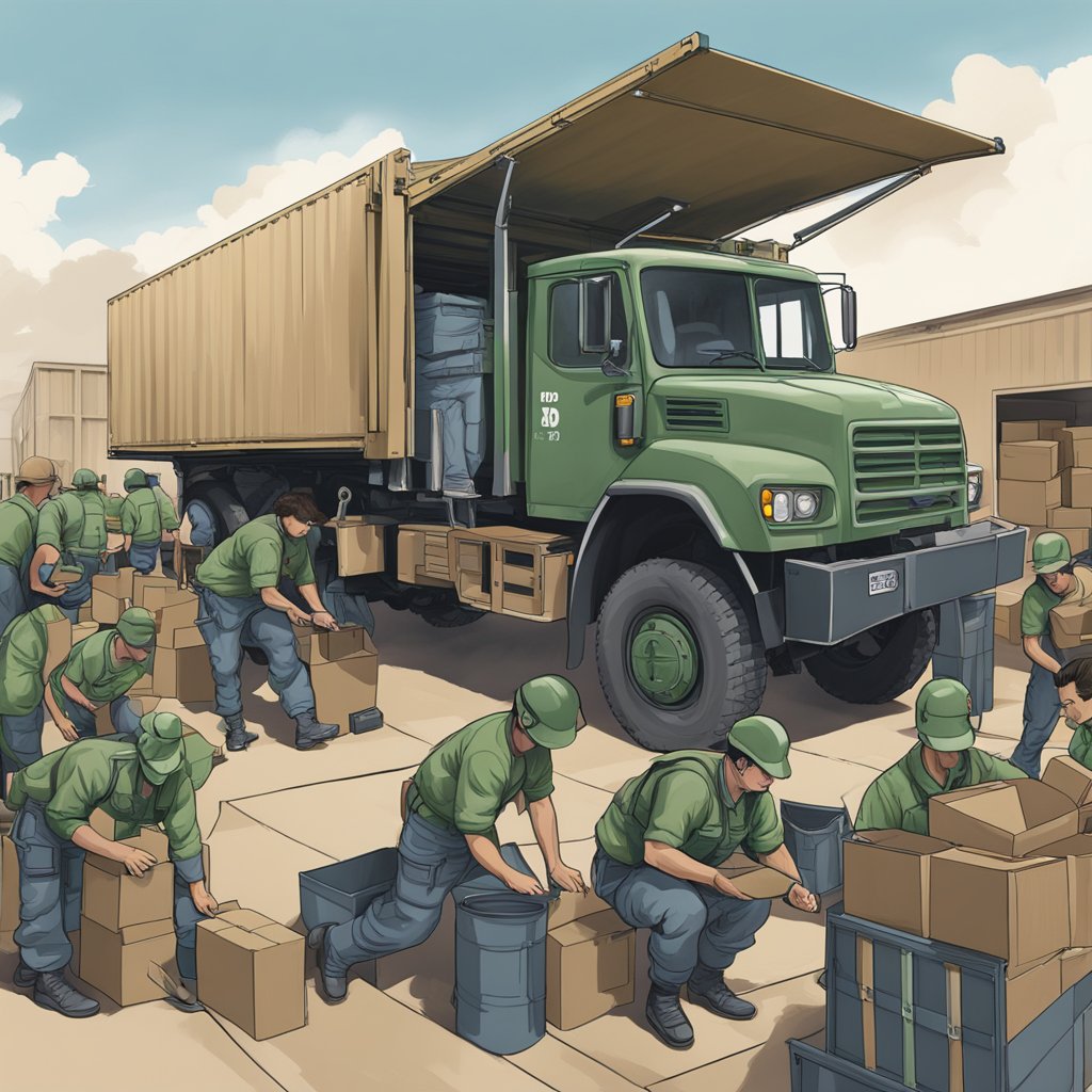 A D.O.D. truck being loaded with supplies by workers on a military base