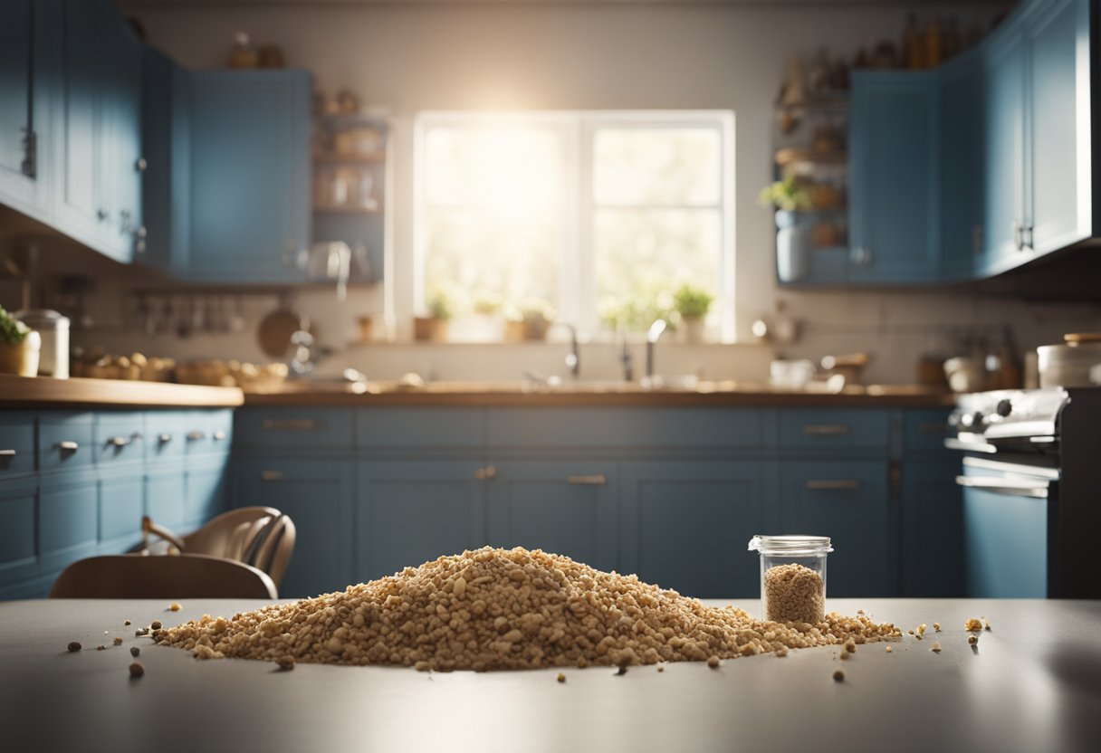A cluttered kitchen with open food containers and crumbs. A mouse scurries across the floor, while cockroaches crawl along the walls