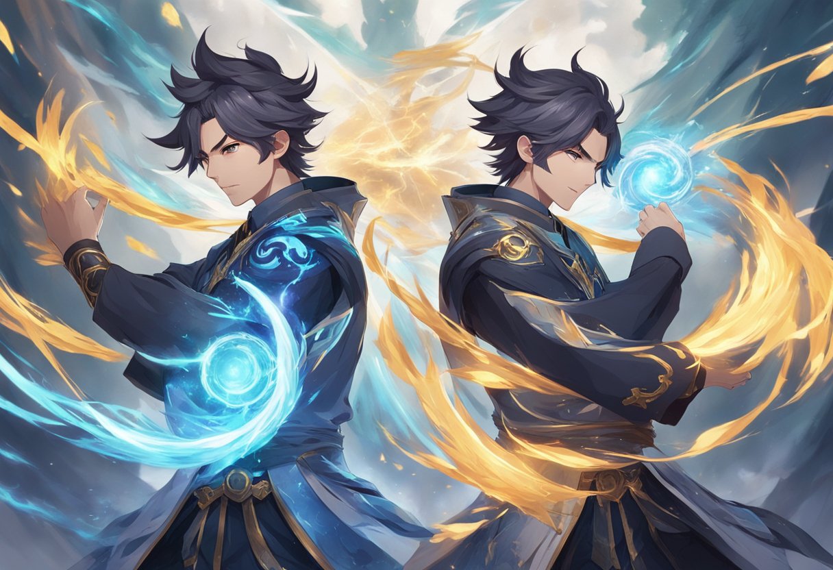 Two twins stand back to back, each holding a different elemental power. They are surrounded by swirling energy, symbolizing their unique abilities in Genshin Impact
