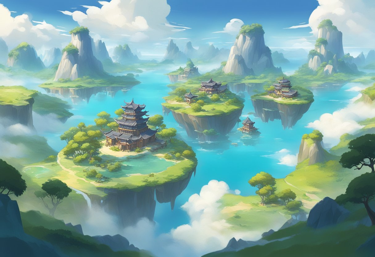 A serene landscape with floating islands and diverse terrains, showcasing the different world levels in Genshin Impact