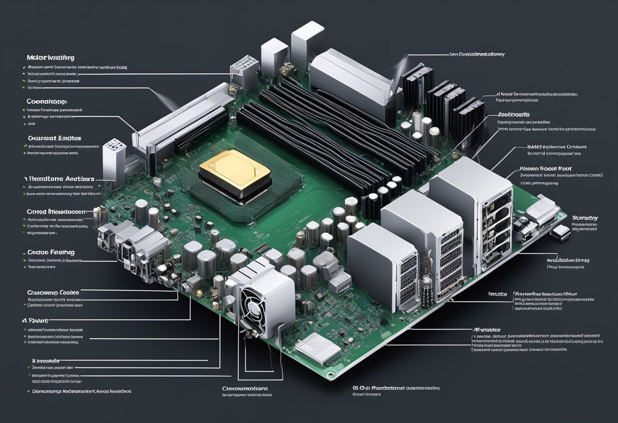 A computer motherboard with various CPU coolers displayed around it, showcasing different types and sizes. A chart or guide nearby highlights key factors in choosing the right cooler