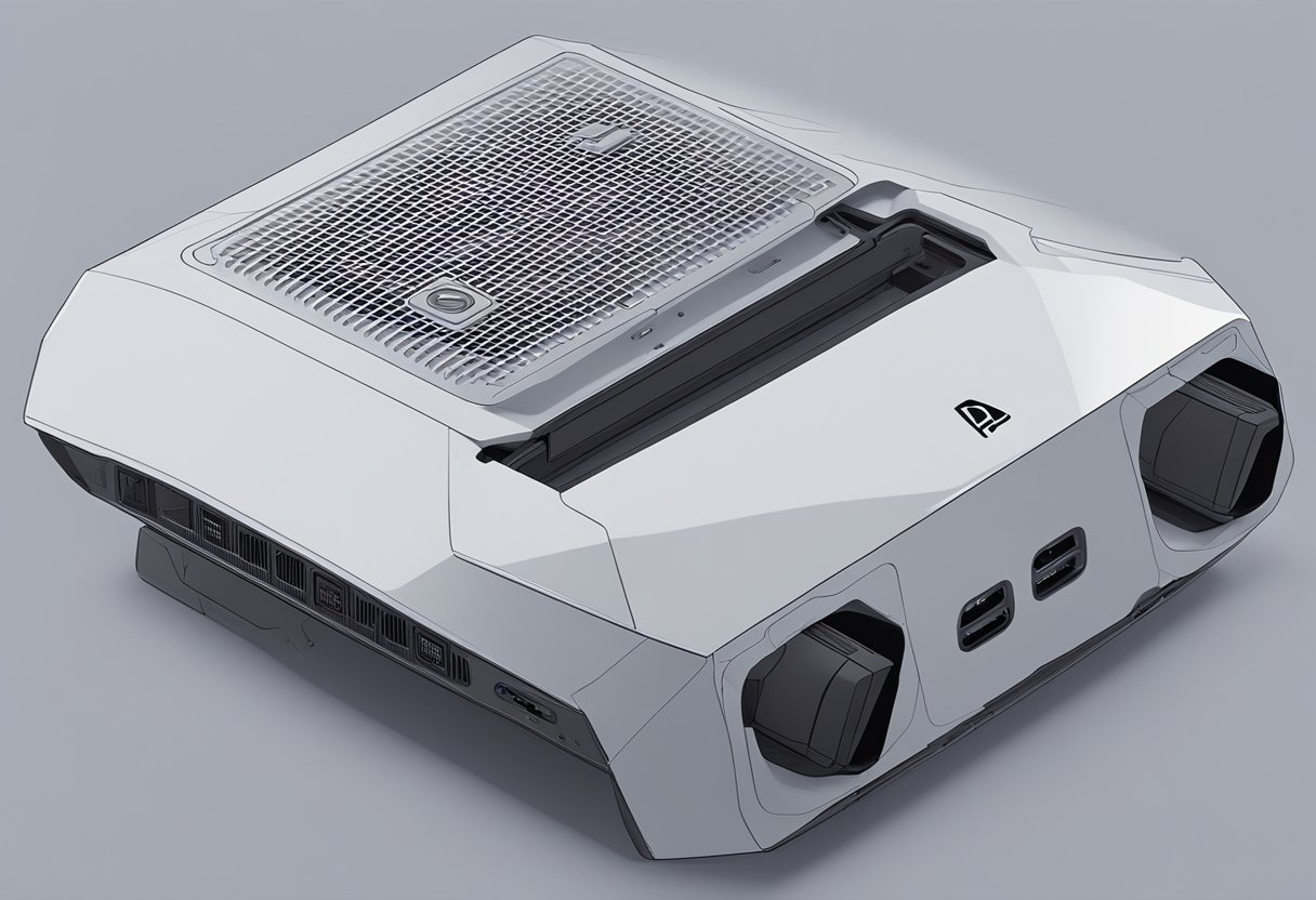 A PS5 console sits on a clean, flat surface. A soft cloth and a can of compressed air are nearby. The console's vents and ports are visible, showing the potential areas for cleaning