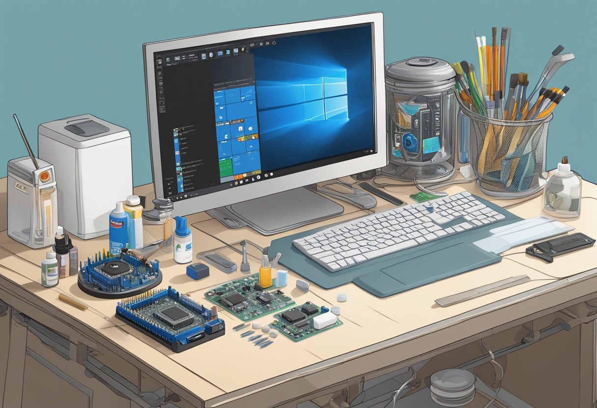 A workbench with a clean, well-lit surface. A small container of rubbing alcohol and cotton swabs sit nearby. A disassembled CPU with old thermal paste needing removal