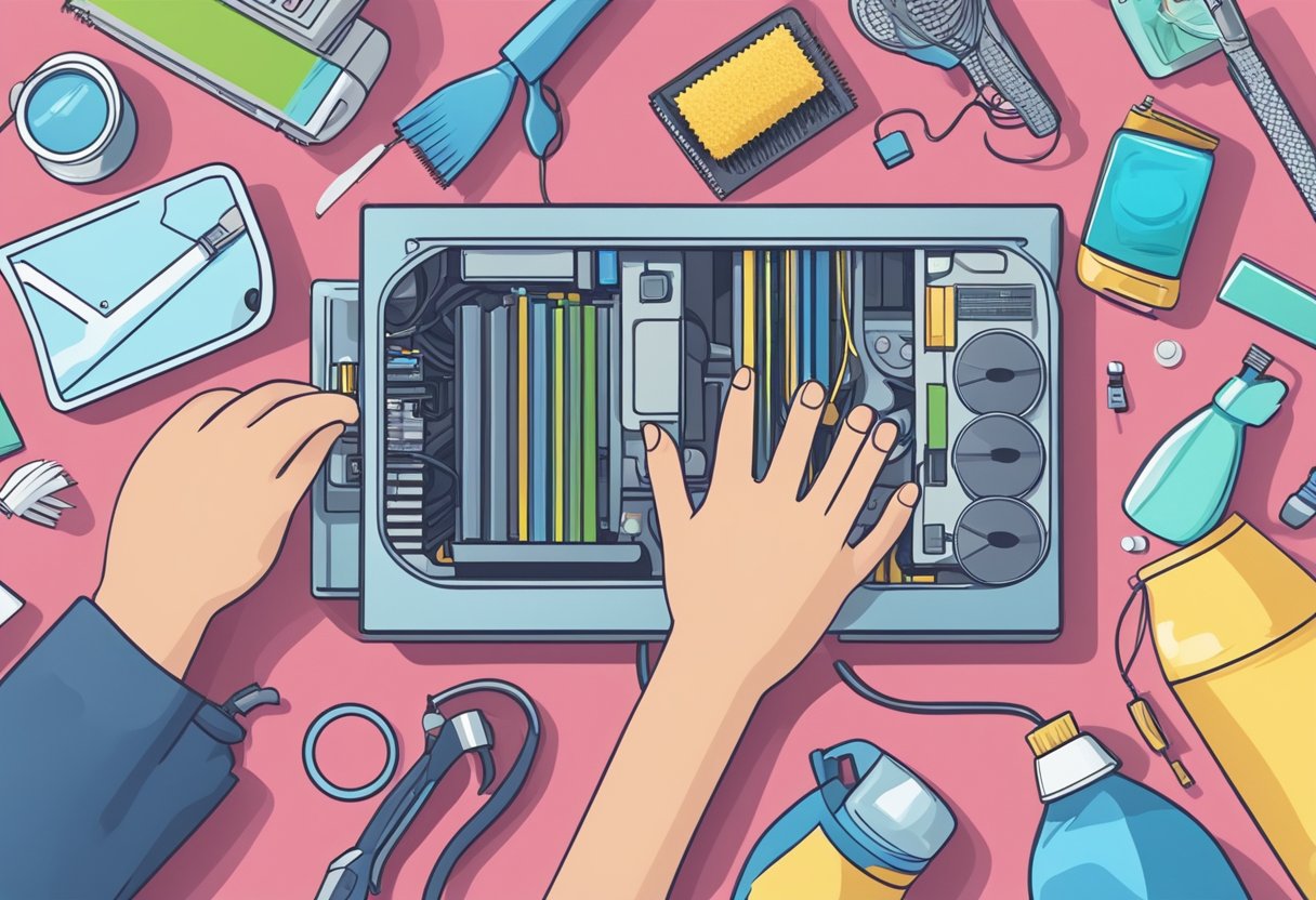 A hand reaching for a graphics card, surrounded by cleaning supplies and a guide on how to clean it