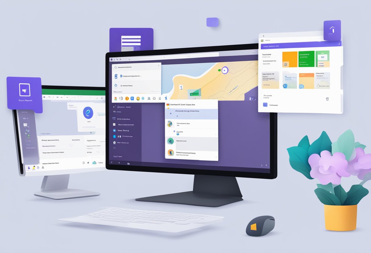 A computer screen with the Microsoft Teams application open, a mouse pointer hovering over the settings icon, and a pop-up window displaying the option to clear the cache