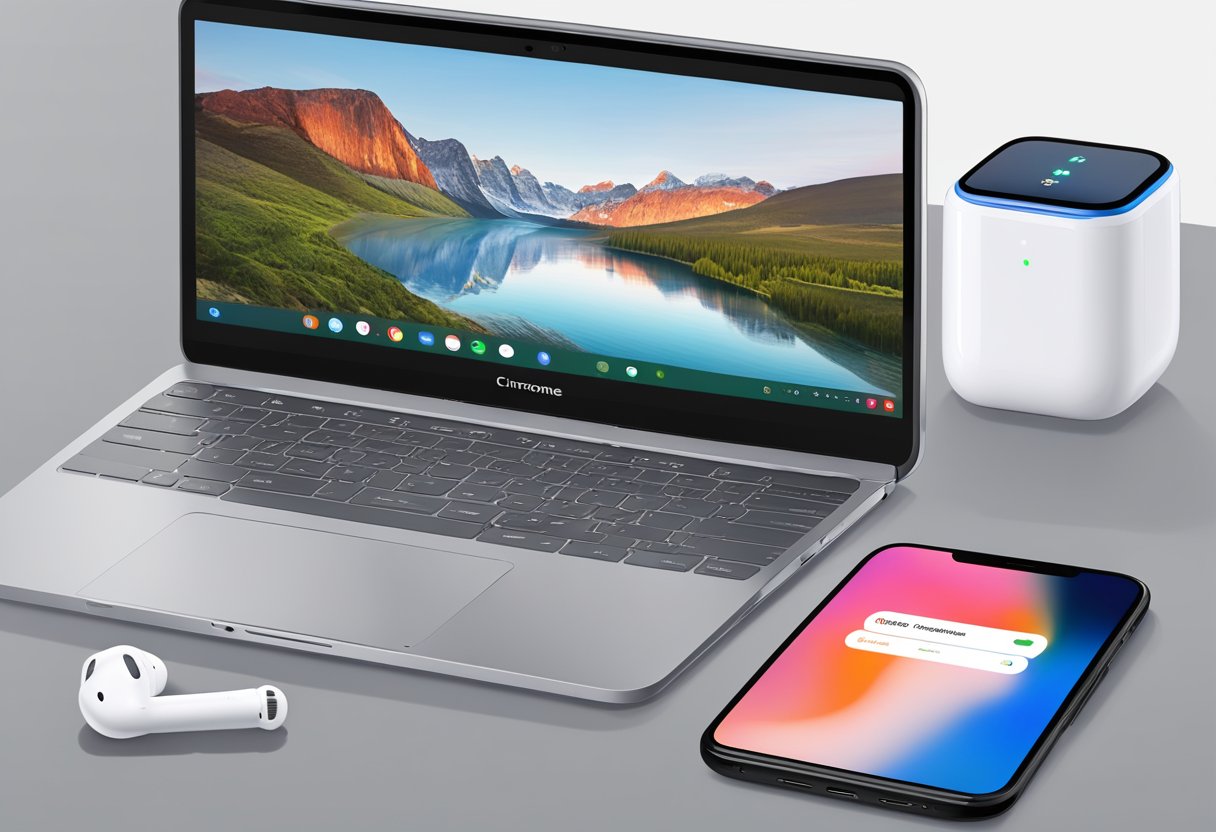 A Chromebook and AirPods sit side by side, ready for pairing. The Chromebook's Bluetooth settings are open, and the AirPods are in their charging case