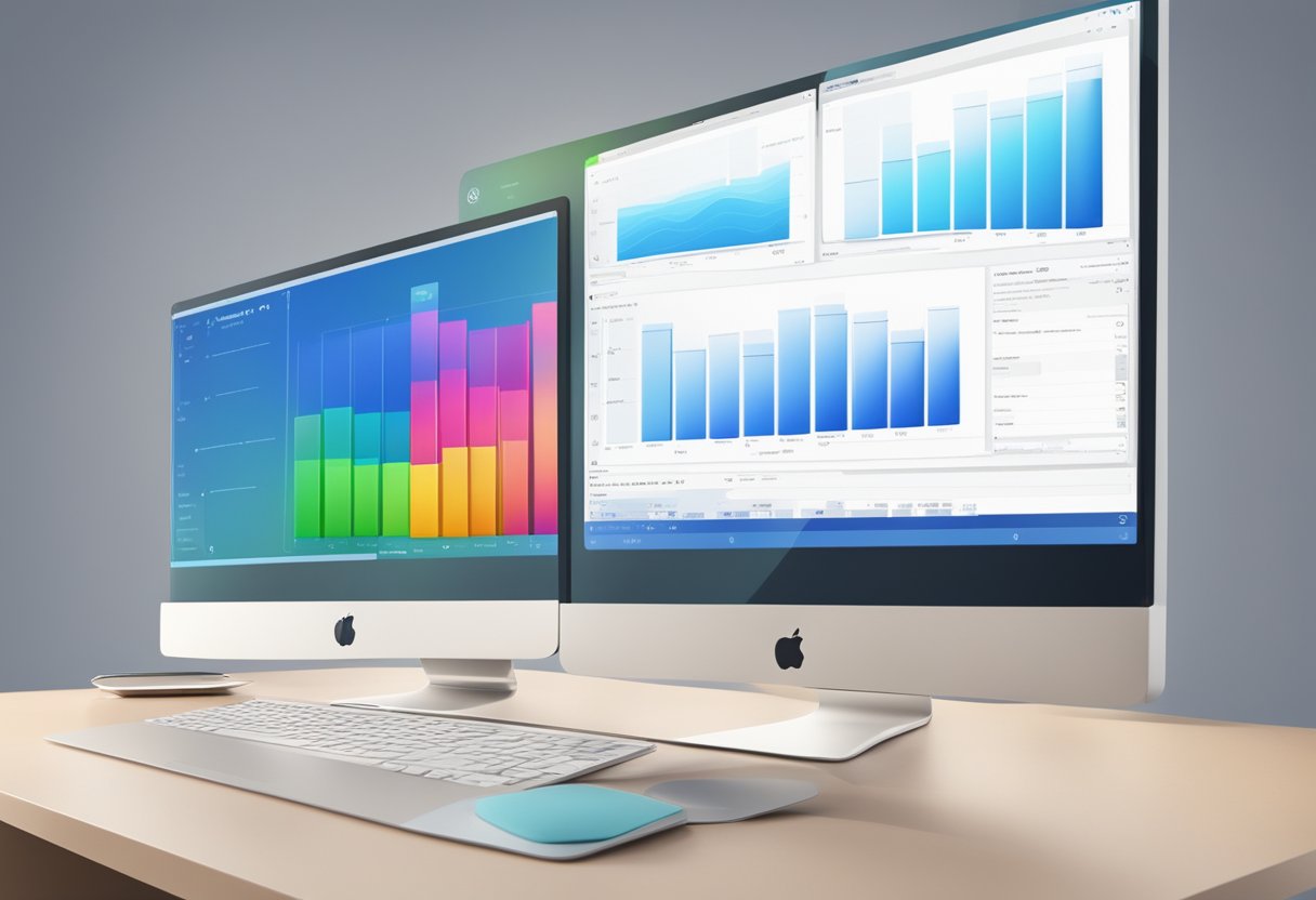 A computer screen displays a progress bar as files and data are rearranged and optimized. The software interface shows a visual representation of the defragmentation process in Windows 10