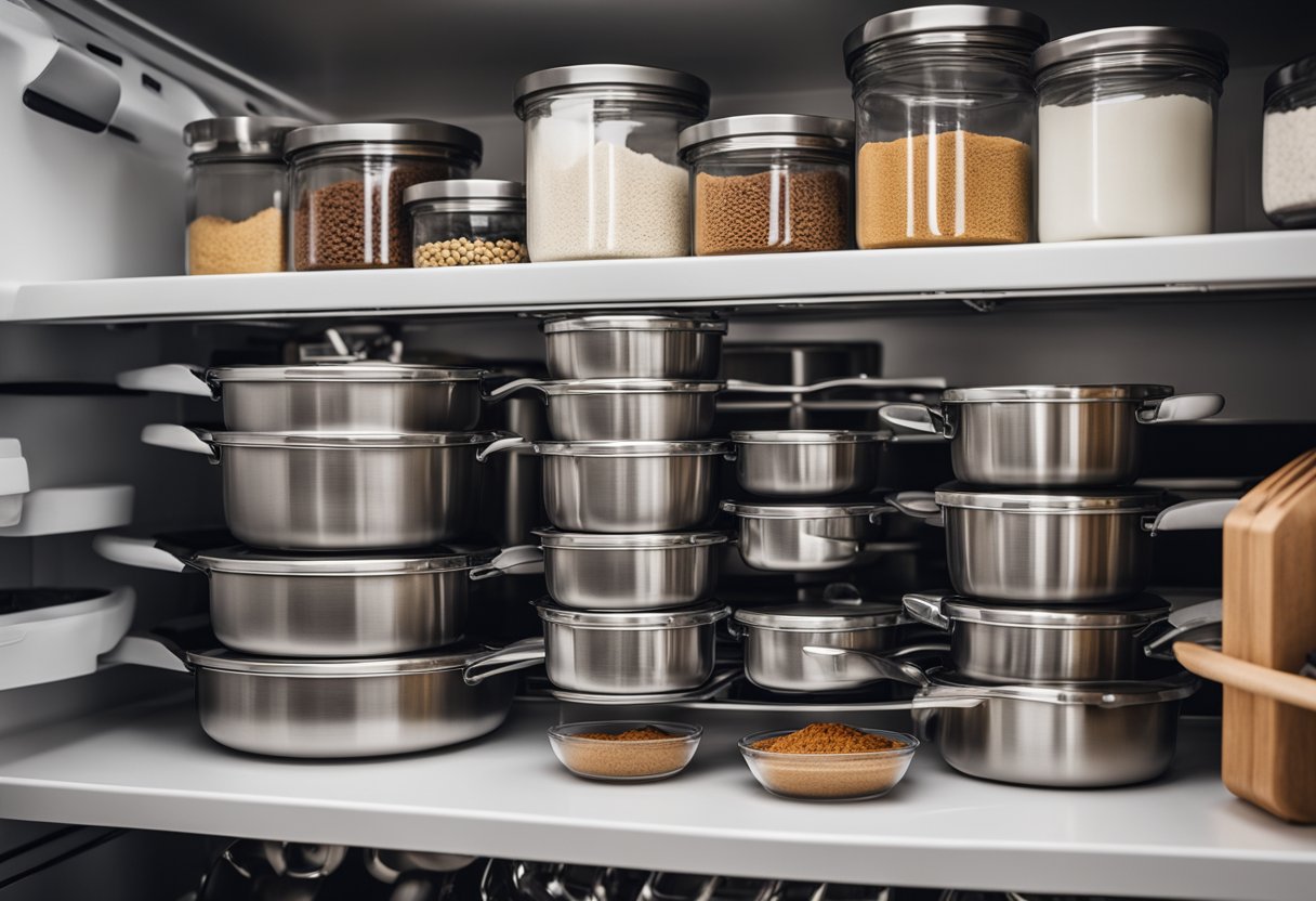 Pots and pans neatly stacked in a pull-out drawer. Magnetic spice jars on the fridge. Labeled clear containers for pantry items. Utensils hanging on a wall-mounted rack. Foldable step stool for reaching high shelves