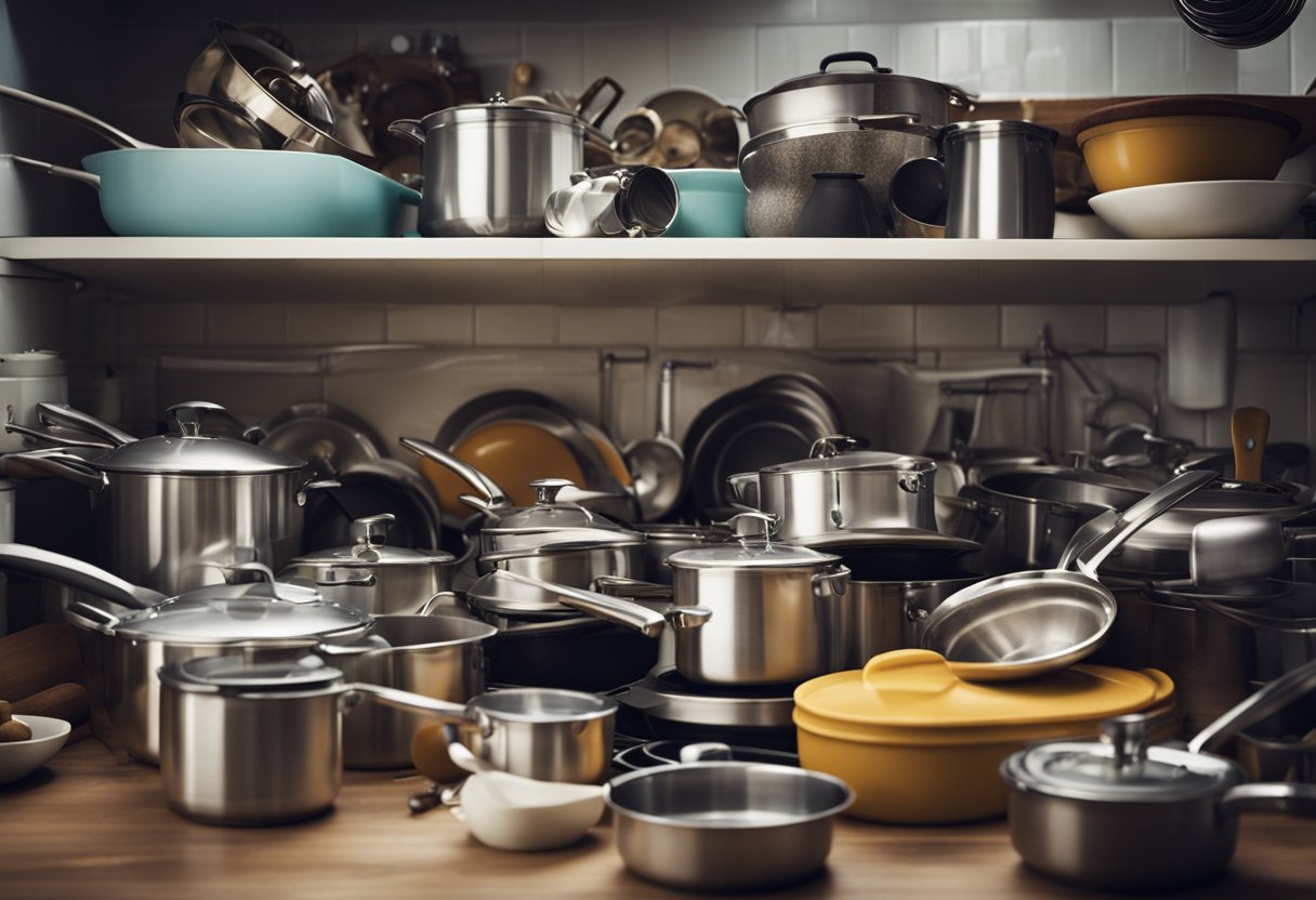 A cluttered kitchen with overflowing cabinets. Items are spilling out, causing chaos. A hand reaches for a disorganized stack of pots and pans