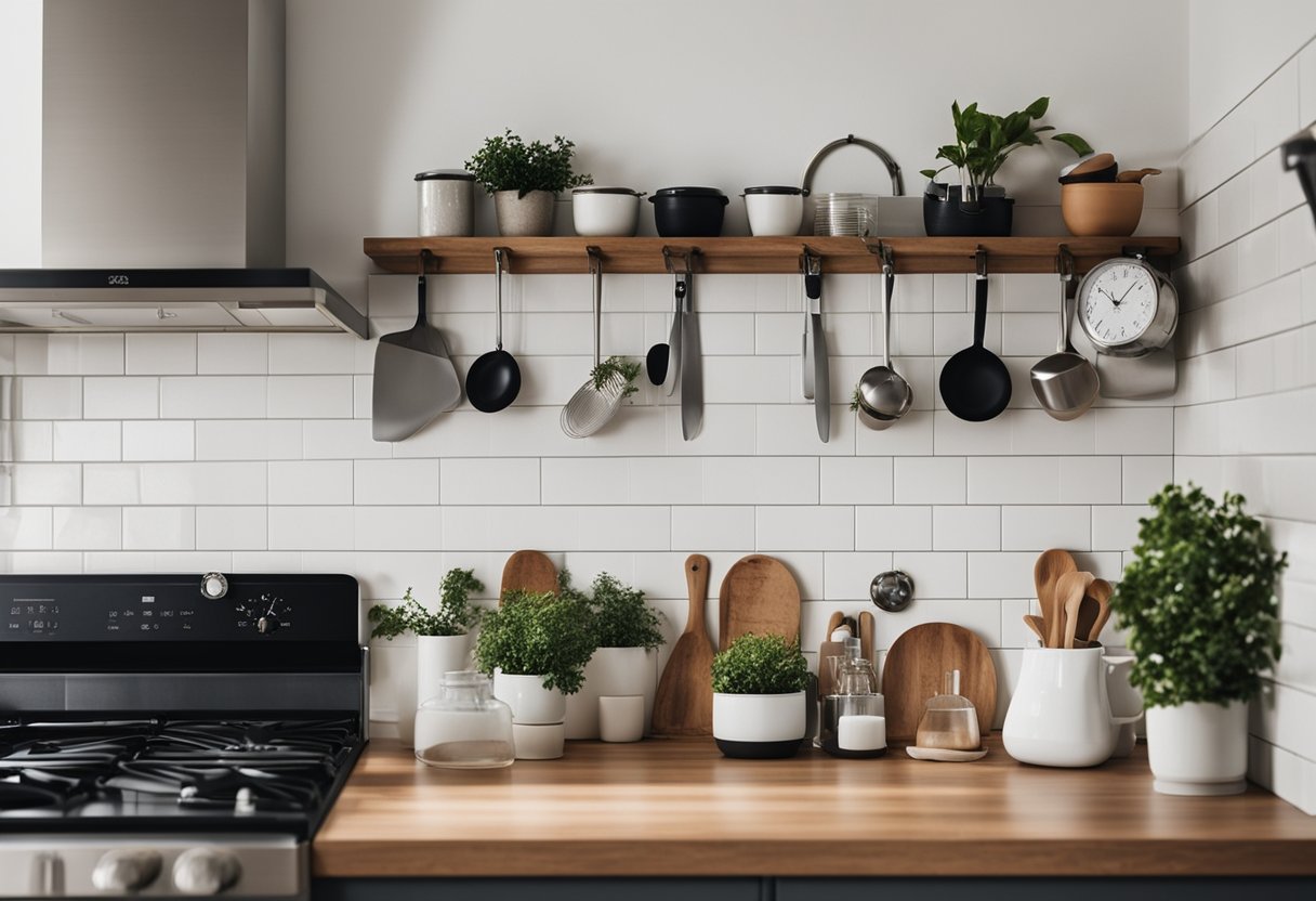 A clean, spacious kitchen countertop with neatly organized items and labeled containers. Utensils hung on a wall-mounted rack. A clock and a small potted plant add a touch of warmth to the scene