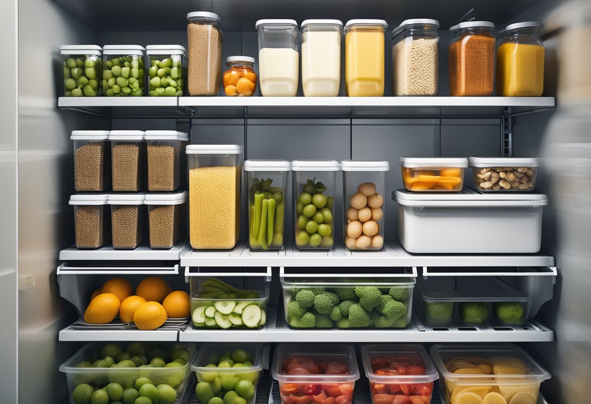 A well-organized refrigerator with labeled bins and containers, neatly arranged food items, and optimized shelf space