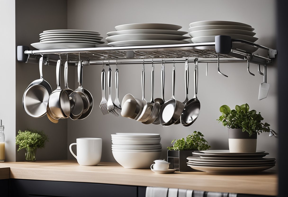 Clean dishes stacked neatly. Organized shelves hold labeled bins for easy access. Hanging hooks for drying towels. Efficient dish rack drains into sink. Tidy kitchen with minimal clutter