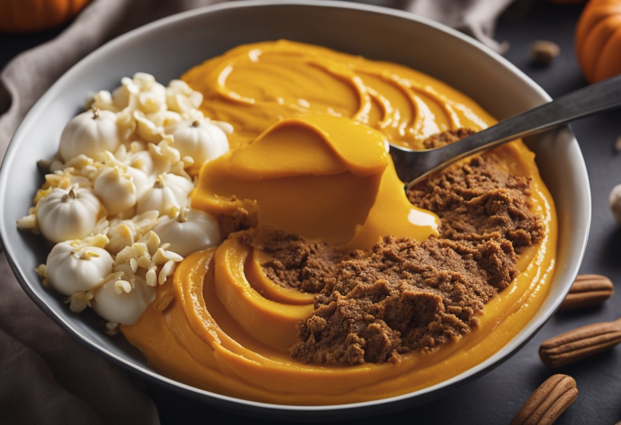 A mixing bowl with pumpkin puree and cake mix. A spoon combines the two ingredients until smooth