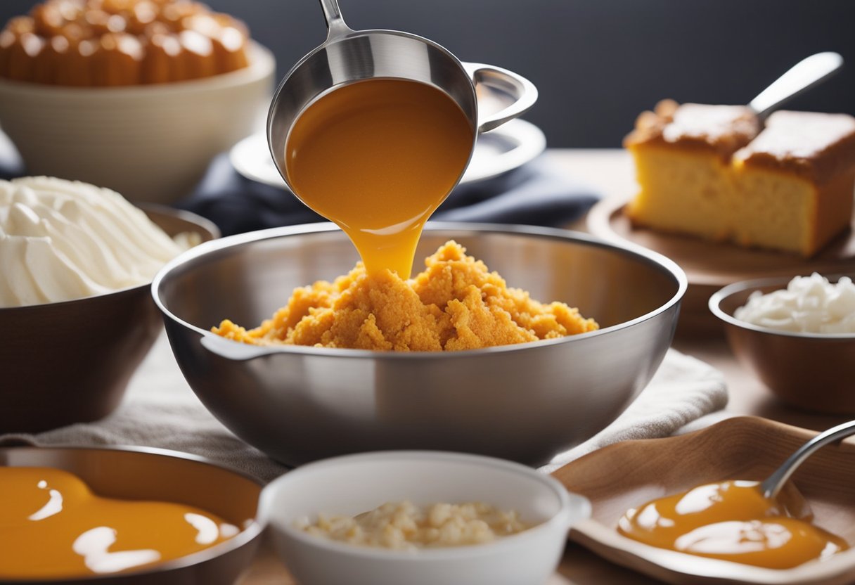 A mixing bowl with canned pumpkin and cake mix. A spoon stirs the ingredients together