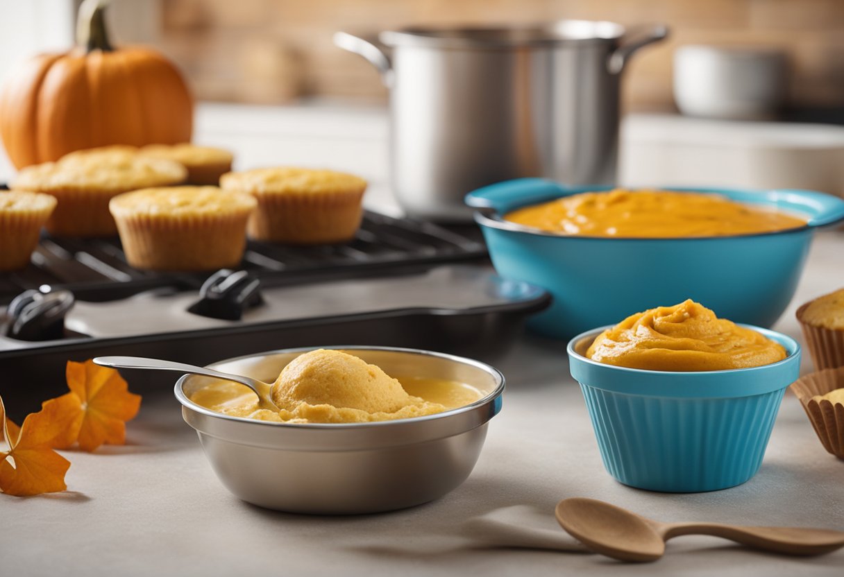 A mixing bowl with pumpkin puree and cake mix. A spoon combines the ingredients. A muffin tin is filled with batter. The oven preheats