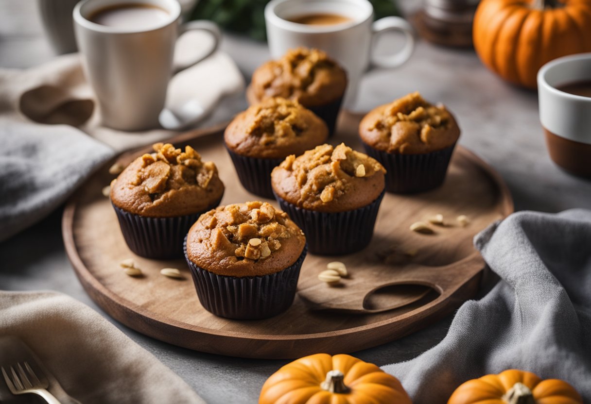 A table with a plate of pumpkin muffins, a pumpkin, and a list of nutritional information