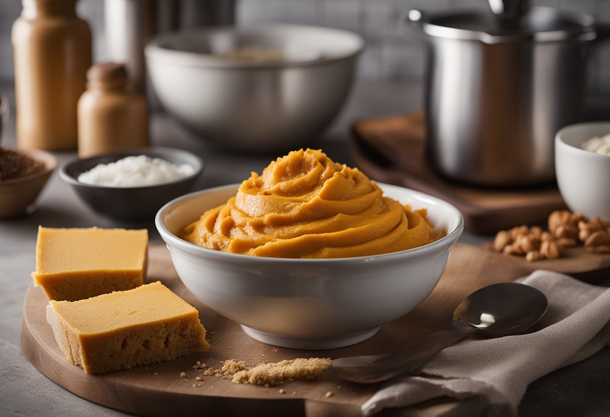 A bowl of pumpkin puree and a box of cake mix sit on a kitchen counter. A spoon is mixing the two ingredients together in a mixing bowl