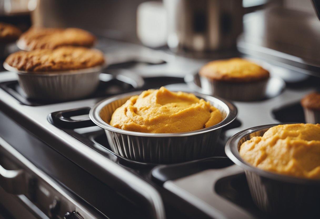 A mixing bowl with pumpkin puree and cake mix, a muffin tin filled with batter, and an oven with muffins baking