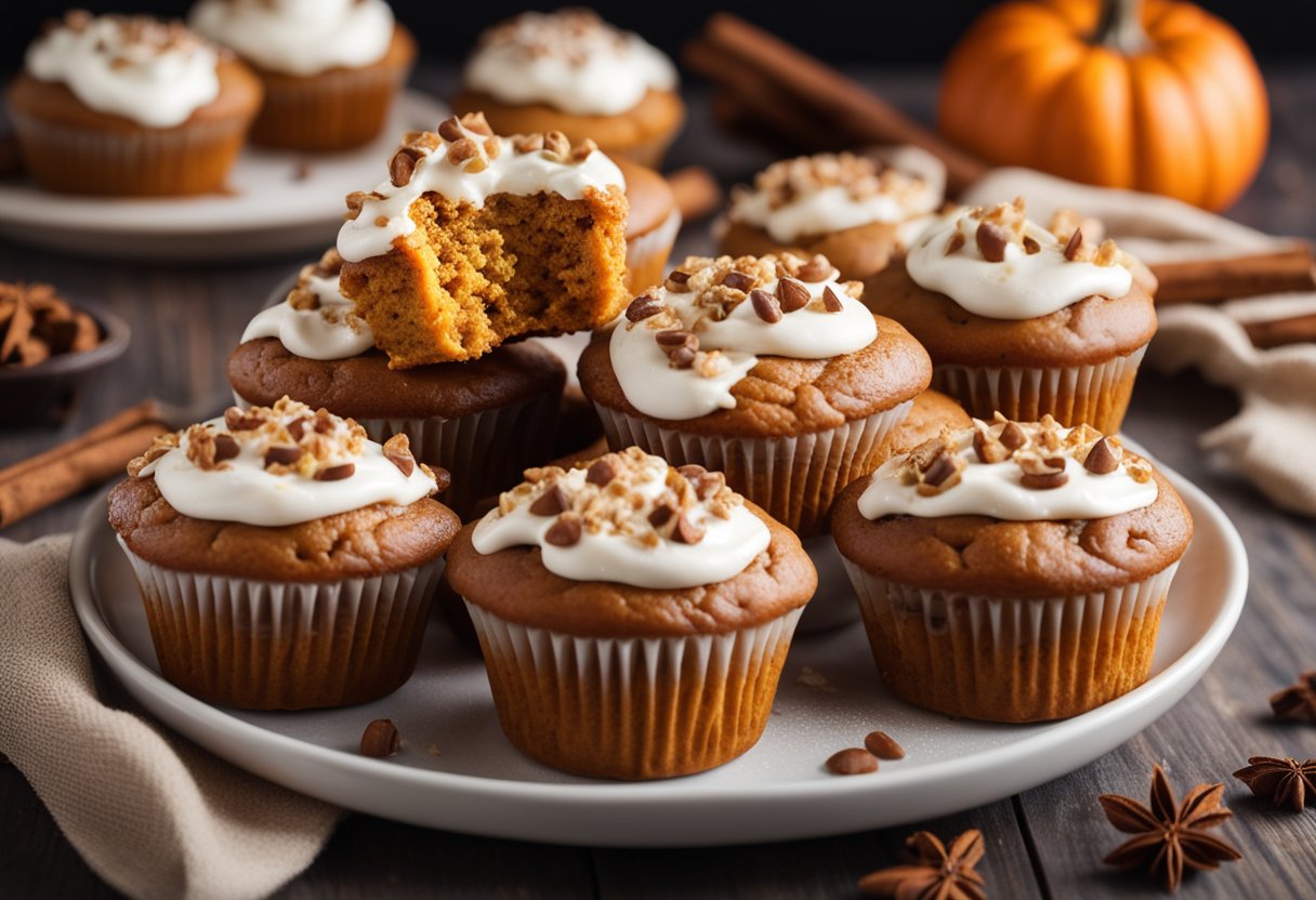 A table with a plate of freshly baked pumpkin muffins, a dollop of whipped cream, and a sprinkle of cinnamon on top