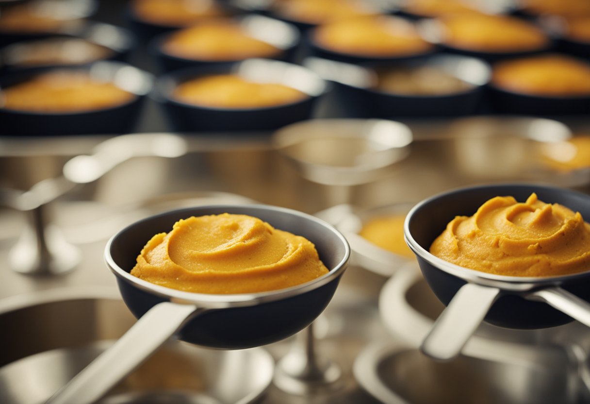 A mixing bowl with pumpkin puree and cake mix. A spoon stirs the ingredients together. A muffin tin sits nearby, ready to be filled