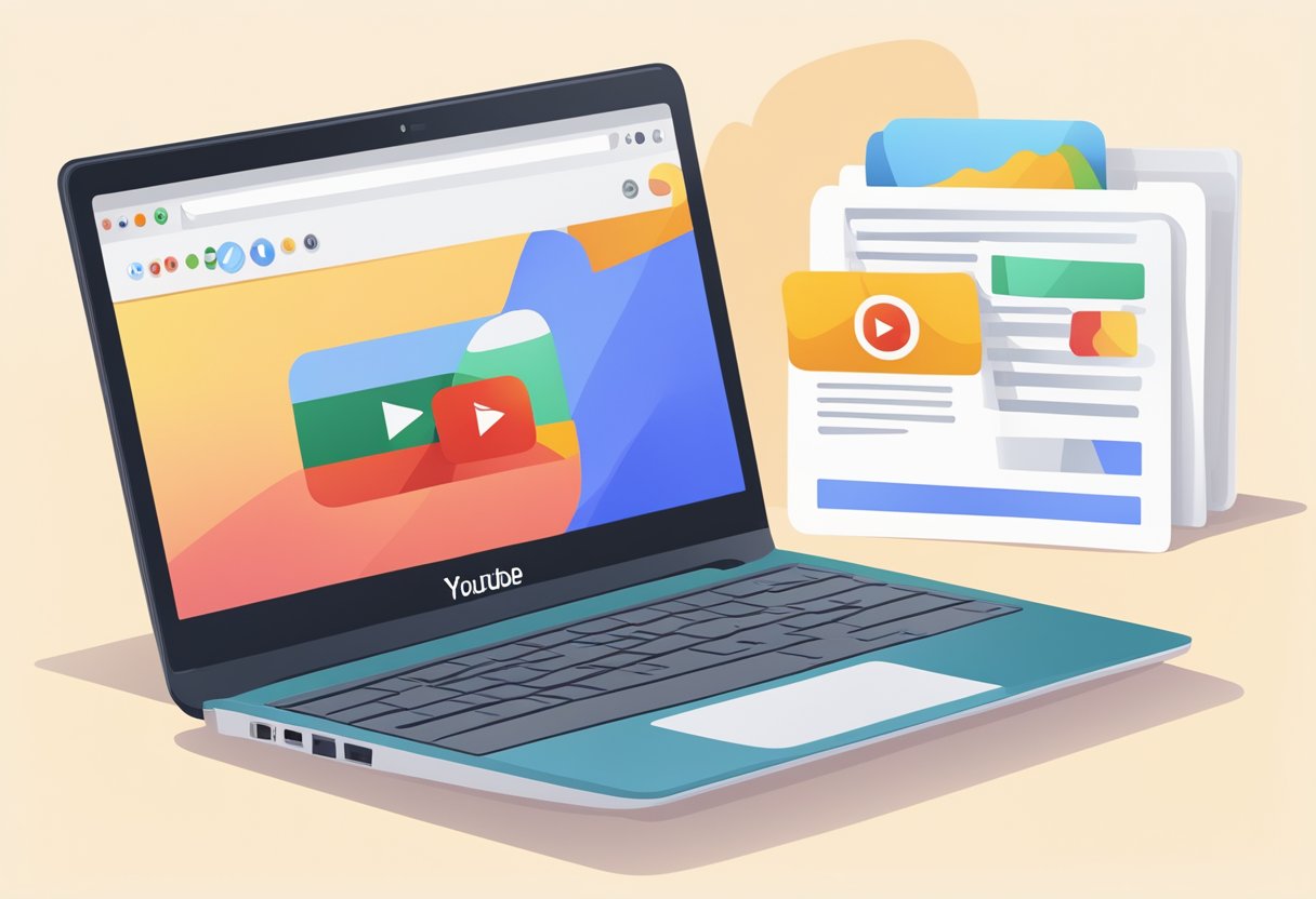 A Chromebook displaying a YouTube video with a legal document and a download icon on the screen
