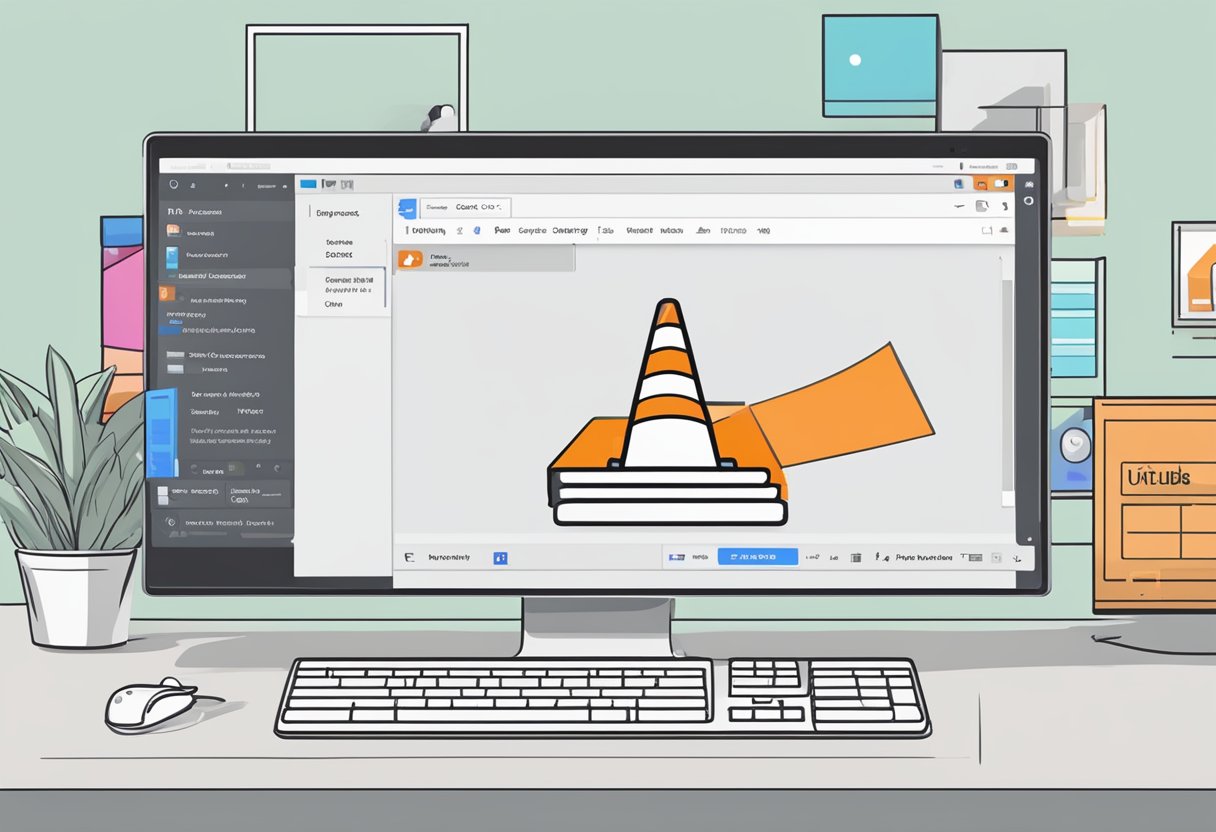 A computer screen displays VLC media player open with a YouTube video link entered in the search bar. A cursor hovers over the "Download" button as the user prepares to save the video