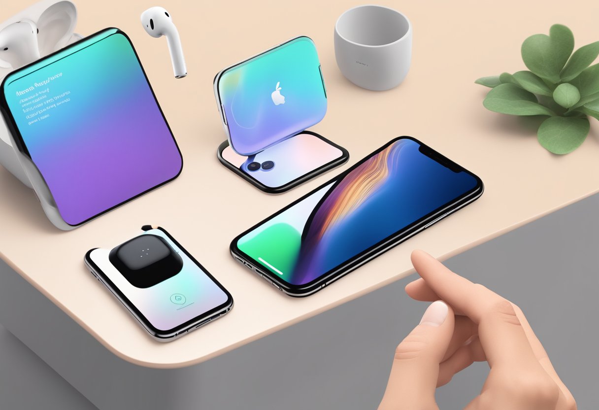 AirPods case placed near iPhone, user navigating settings to enable Find My feature