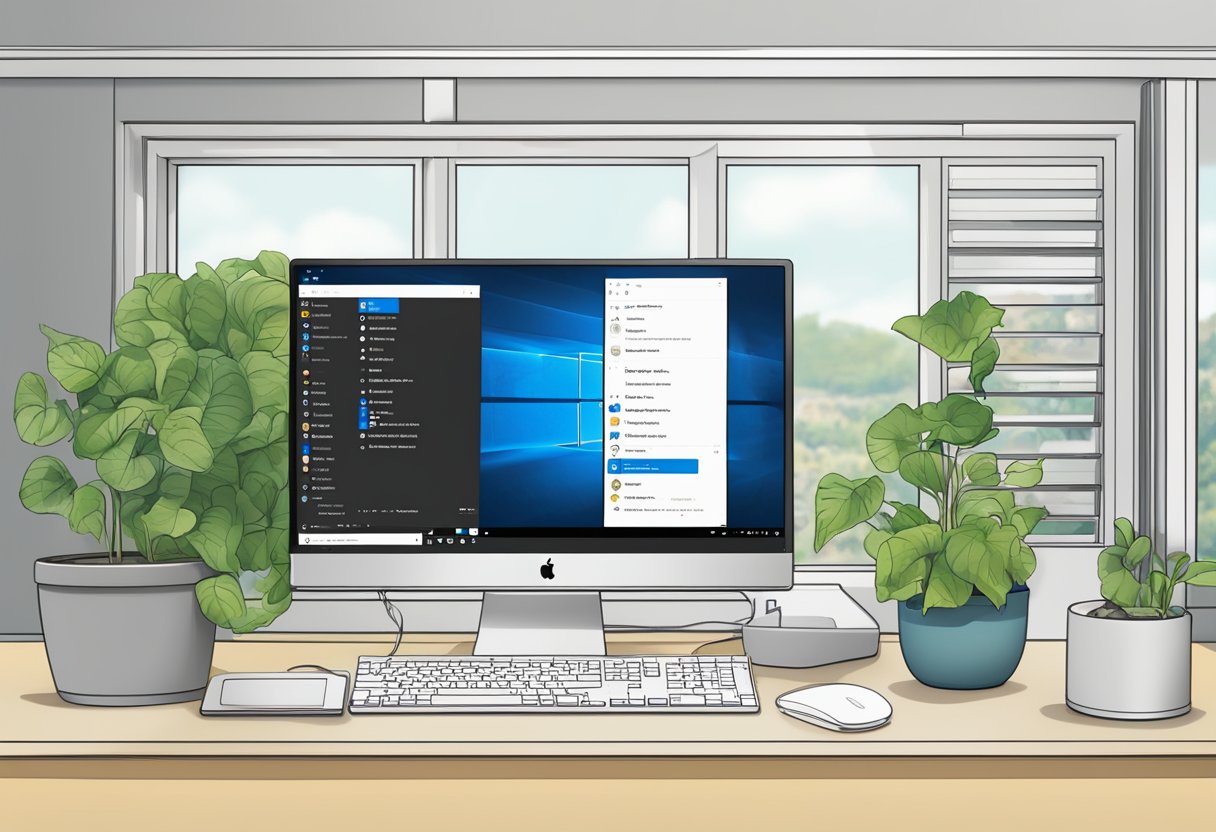 A computer screen displaying the Windows 10 desktop with a window open showing the steps to find the MAC address in clear, easy-to-follow instructions