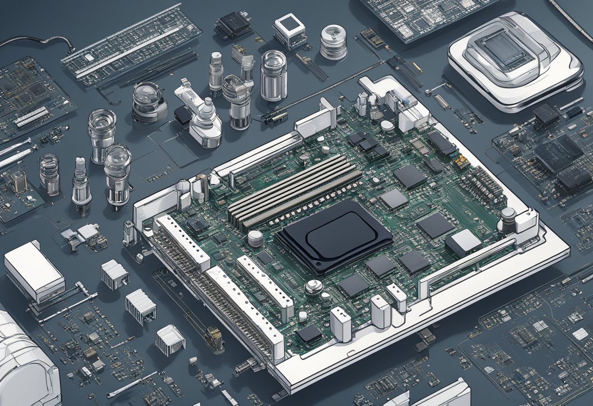 Motherboard with visible burn marks, smoke rising. Tools scattered nearby, technician examining closely. Schematics and repair guides spread out on the table