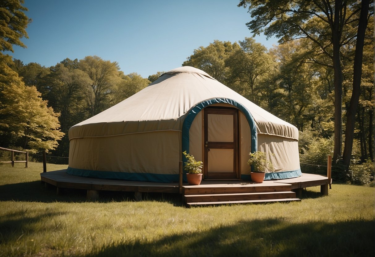 A yurt sits peacefully in a lush Massachusetts landscape, surrounded by trees and under a clear blue sky