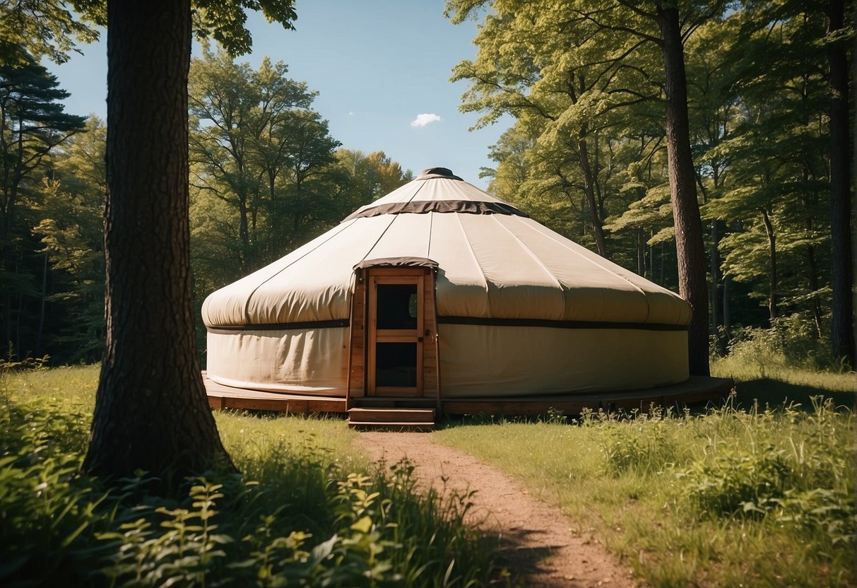 A yurt sits on a peaceful Massachusetts landscape, surrounded by greenery and under a clear blue sky