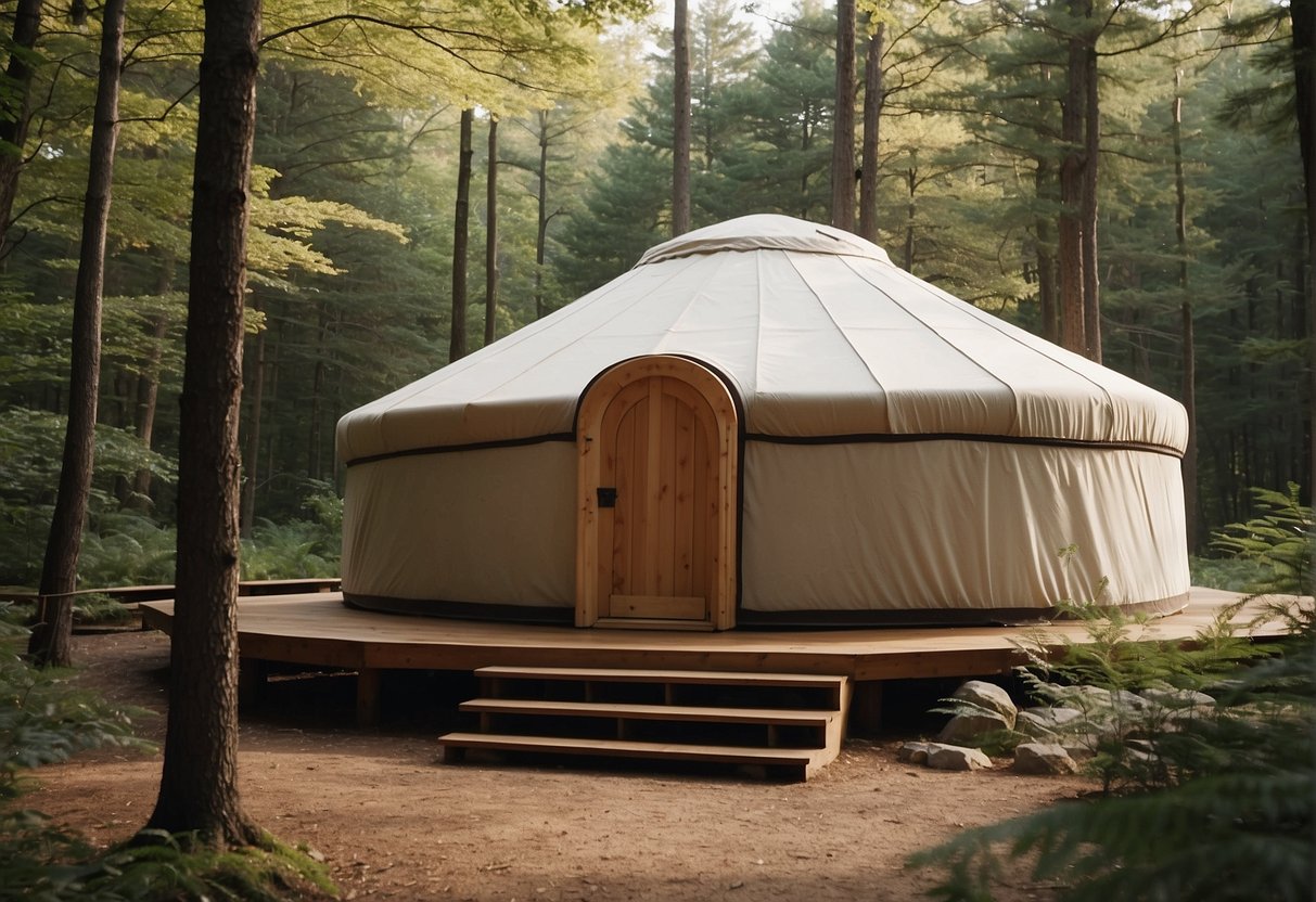 A yurt nestled in a serene Massachusetts forest, featuring a circular frame, canvas walls, and a domed roof with a skylight