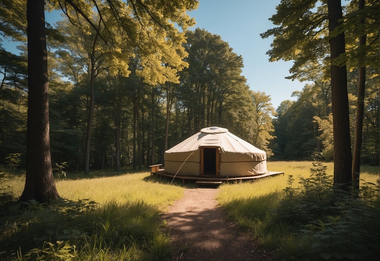 A yurt stands in a serene Massachusetts landscape, surrounded by trees and under a clear blue sky