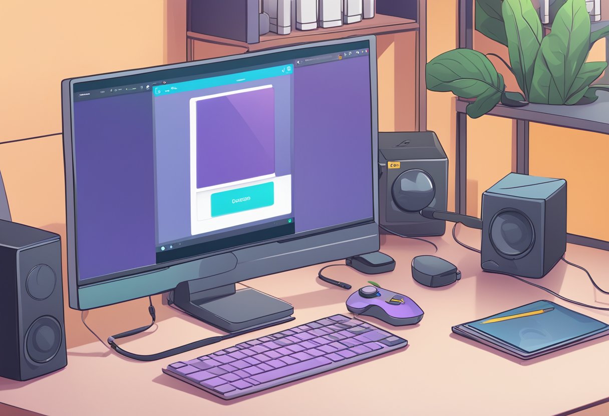 A computer screen showing a Discord interface with a headset icon crossed out, a volume control slider, and a troubleshooting guide open in the background