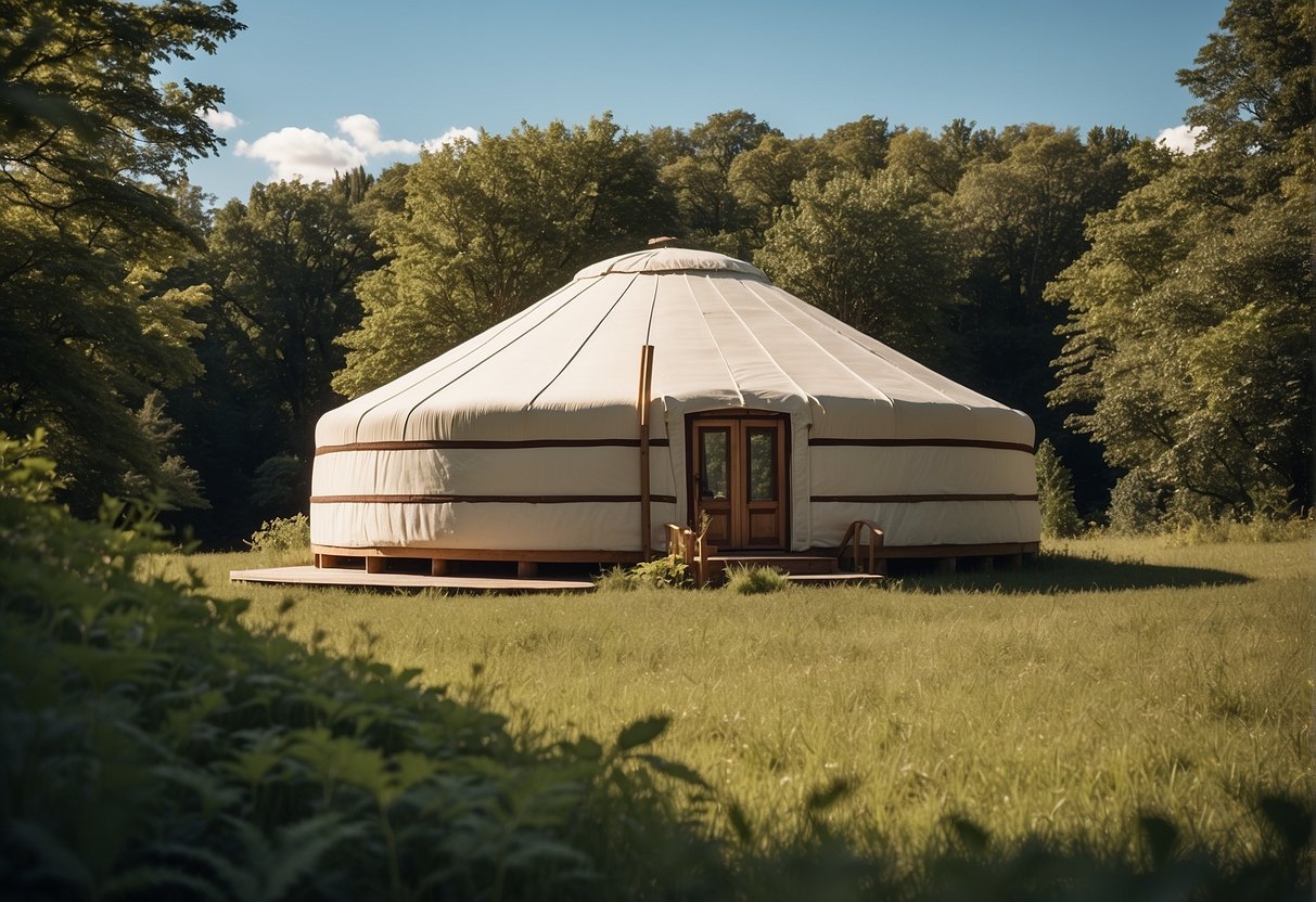 A yurt sits peacefully in a lush New York landscape, surrounded by trees and under a clear blue sky