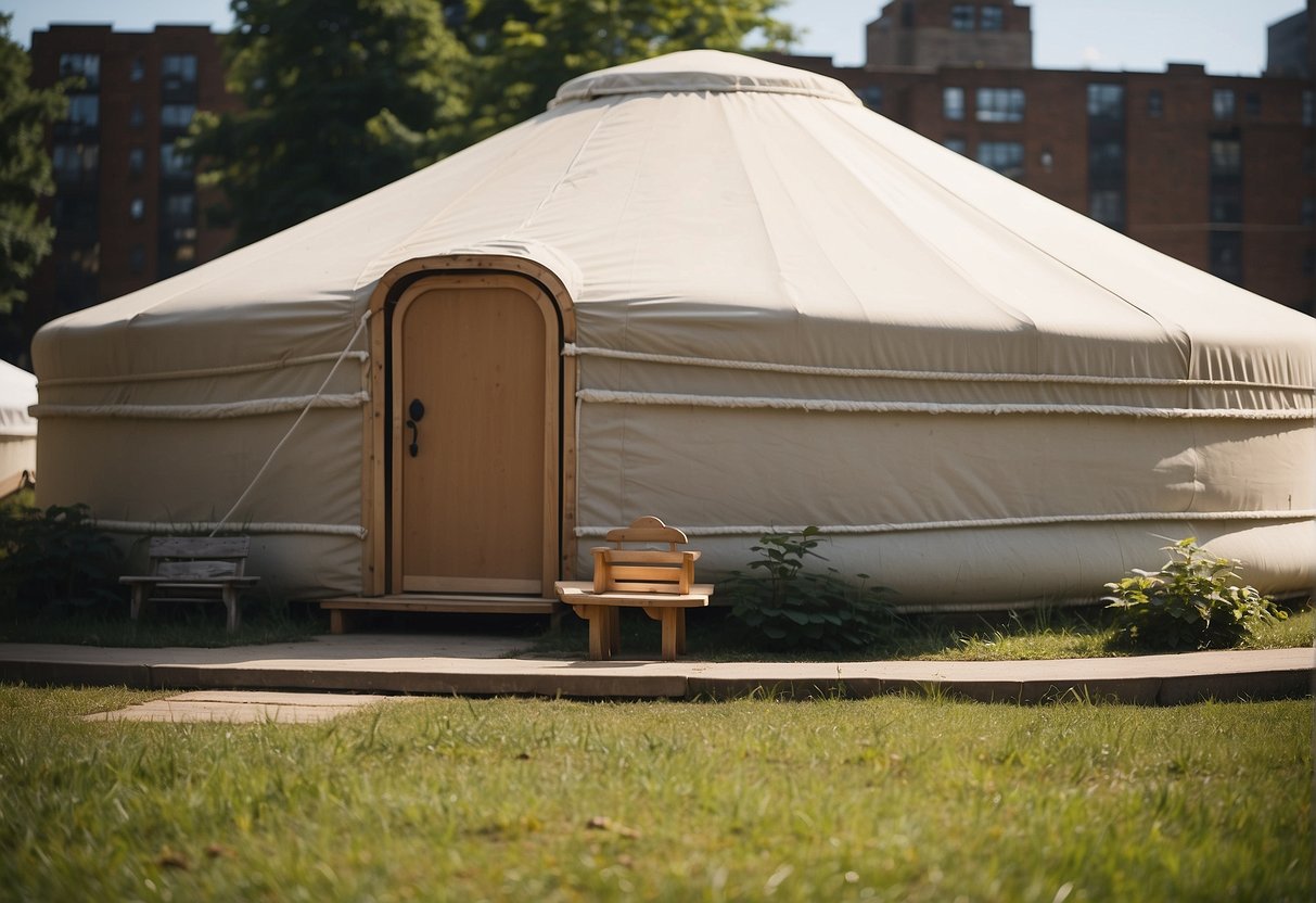 A yurt sits on a grassy lot in New York, surrounded by a mix of residential and commercial buildings. A sign nearby reads "Legal and Zoning Regulations."
