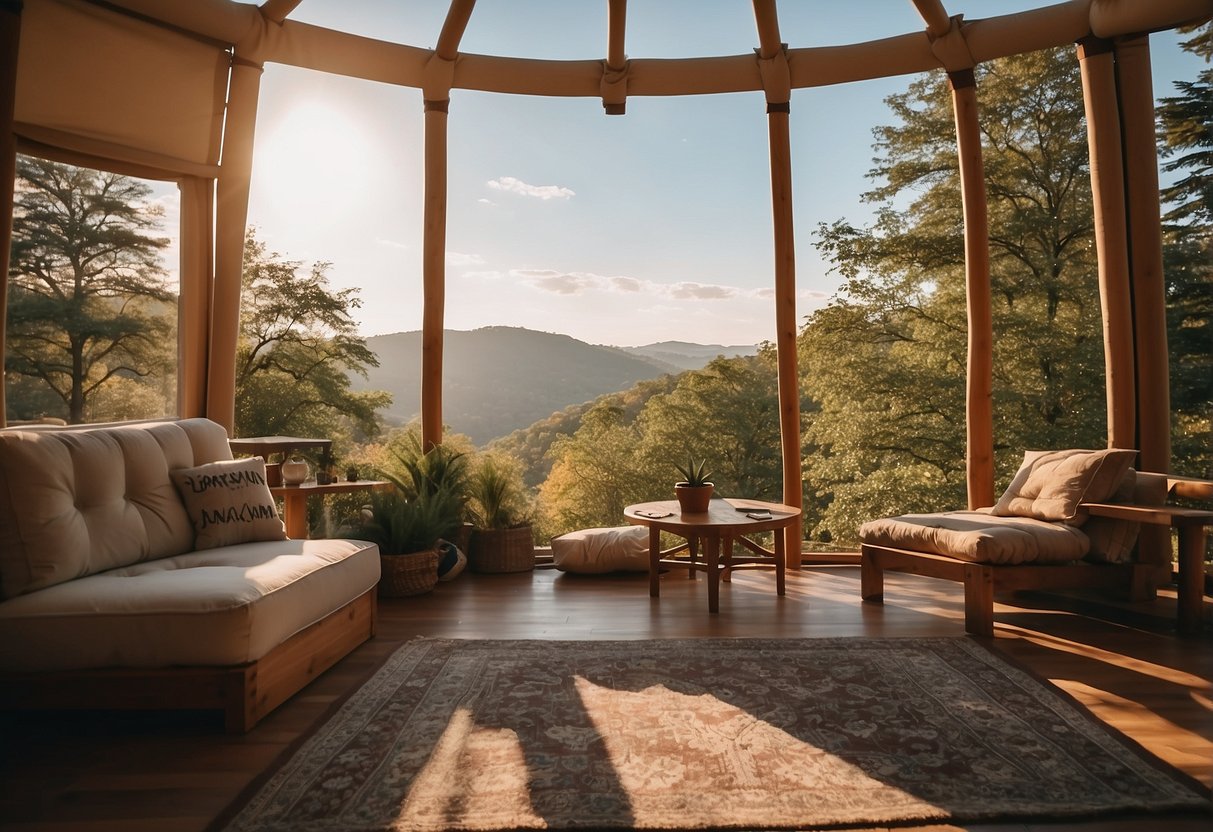 A yurt nestled in a serene New York landscape, with a clear view of the sky and surrounded by nature