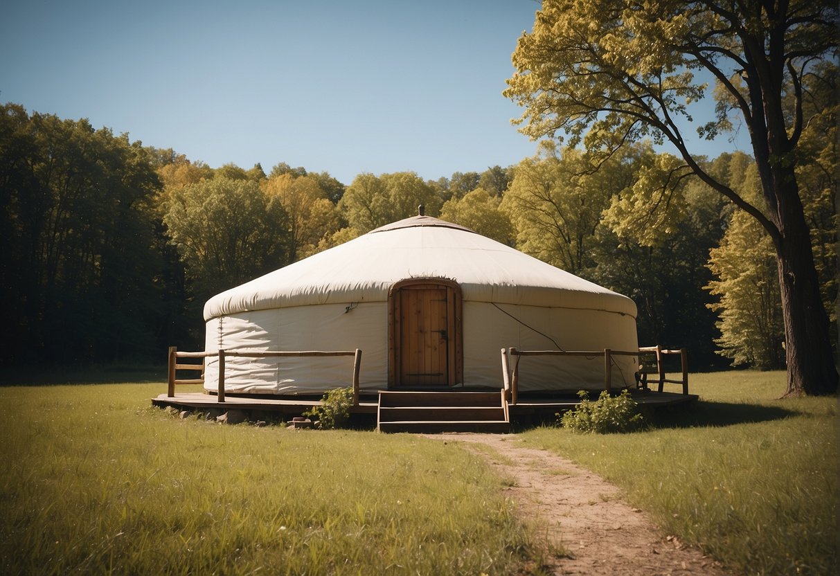 A yurt stands in a rural setting, surrounded by trees and under a clear sky. A sign nearby reads "Frequently Asked Questions: Are Yurts Legal in New York?"