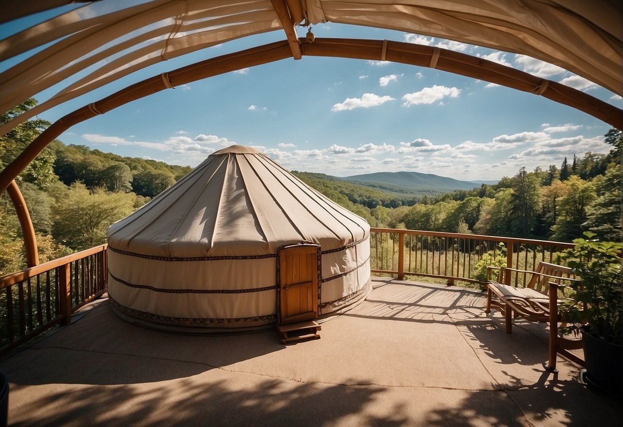 A yurt nestled in a serene New York state landscape, surrounded by lush greenery and under a clear blue sky