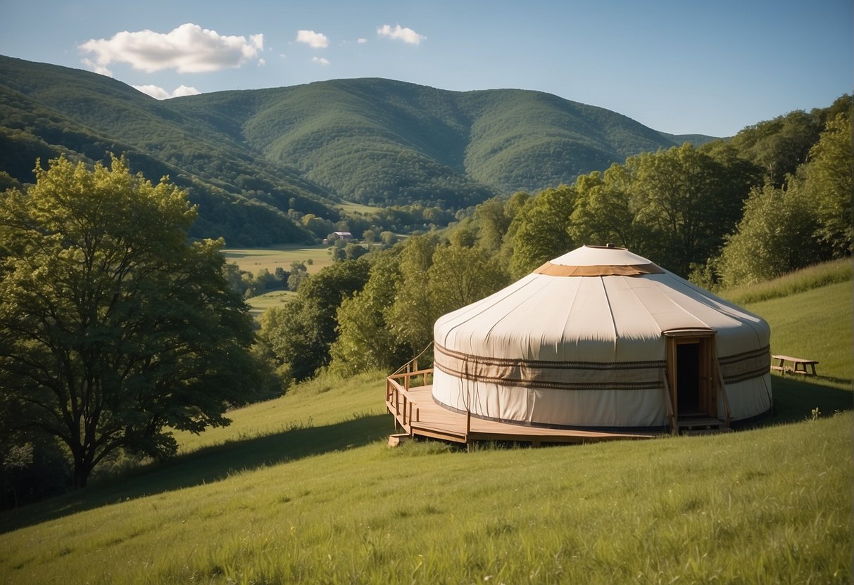 A yurt sits peacefully in a lush green meadow, surrounded by rolling hills and a clear blue sky, showcasing the legality and zoning for yurts in New York State